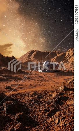 A visionary Mars Colony against a stunning starscape, inviting exploration and imagination A visionary Mars Colony against a stunning starscape, inviting exploration and imagination 129397948