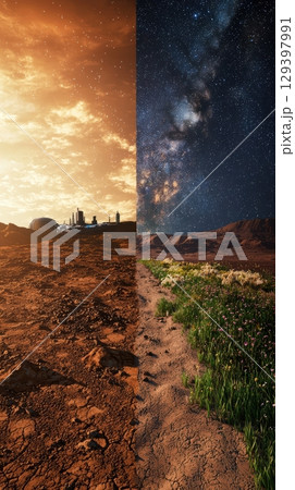 Contrasting Landscapes An Imaginative Futuristic Settlement Set Against Natural Beauty 129397991