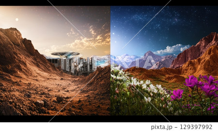 Contrasting Worlds A Futuristic Planet and Its Vibrant, Diverse, Natural Surroundings Contrasting Worlds A Futuristic Planet and Its Vibrant, Diverse, Natural Surroundings 129397992