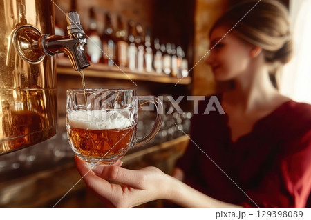 Savoring a delightful craft beer experience in a charming and rustic bar atmosphere 129398089