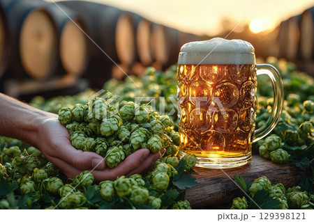 Experience Craft Beer and Fresh Hops in a Charming Rustic Brewery Environment Today 129398121