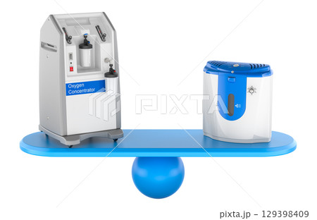 Oxygen concentrator comparison on balance. 3D rendering Oxygen concentrator comparison on balance. 3D rendering 129398409