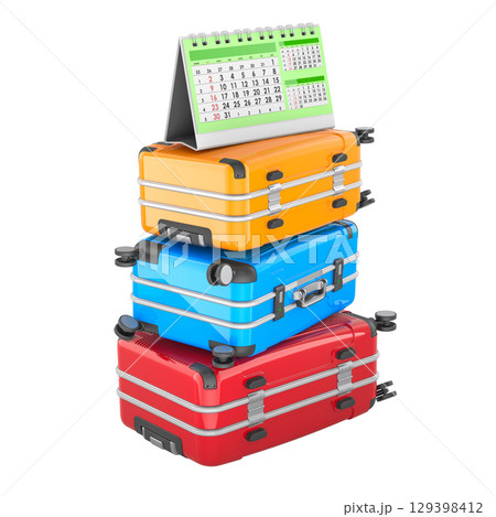 Vacation planning concept. Colorful suitcases stack with desk calendar. 3D rendering 129398412