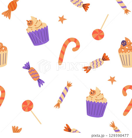 Halloween seamless pattern with candy and sweets on white background. Trick or treat. Vector illustration 129398477