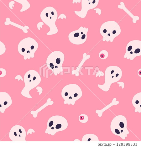 Pink halloween seamless pattern with skull, bones and ghost. Barbiecore style vector illustration 129398533