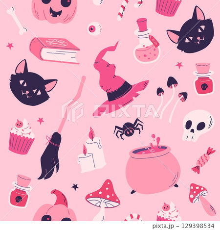 Pink magic halloween seamless pattern with cat, witch hat, pumpkin,broom, potion, mushroom. Day of the dead barbiecore style vector illustration 129398534