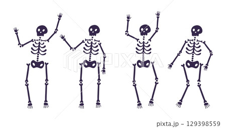 Cartoon flat halloween skeletons set. Funny creepy characters with skull and bones dancing vector illustration. Perfect for banner, poster, invitation 129398559