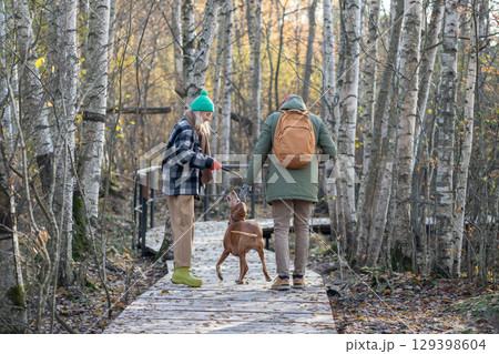 Active backpacking family plays fetch with Vizsla dog while hiking eco trail in autumn birch grove Active backpacking family plays fetch with Vizsla dog while hiking eco trail in autumn birch grove 129398604