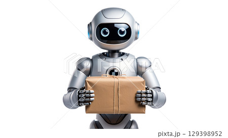 Delivery robot carrying cardboard package, futuristic logistics concept isolated on transparent background 129398952