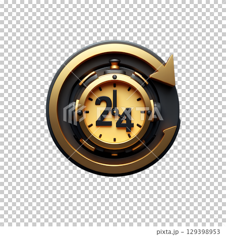 Clock with circular arrow symbolizing 24/7 time management, endless workflow concept isolated 129398953