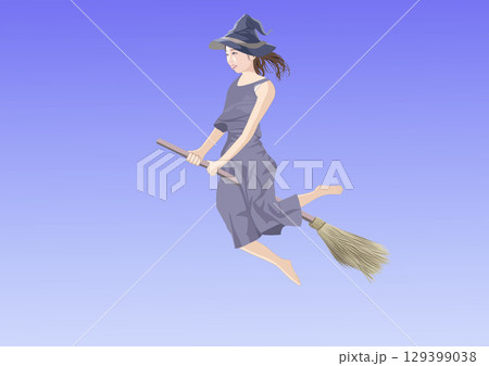 ほうきで飛ぶ女の子魔法使いイラスト 129399038