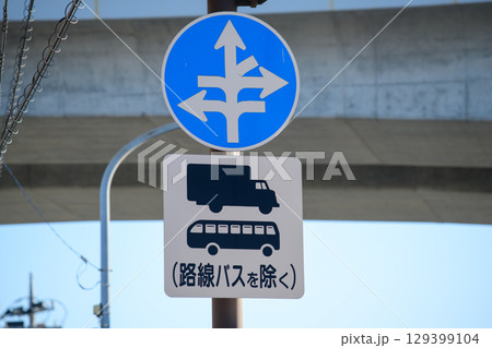 神奈川県横浜市港南区の県道22号線と環状2号線の複雑な交差点の道路標識 129399104