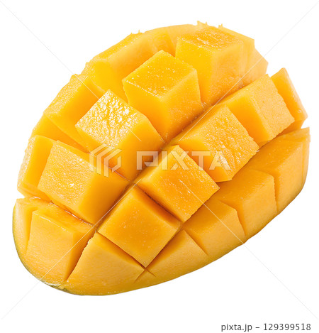 Freshly cut mango slices with vibrant orange flesh, tropical fruit isolated, juicy summer snack 129399518