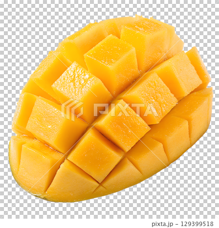 Freshly cut mango slices with vibrant orange flesh, tropical fruit isolated, juicy summer snack Freshly cut mango slices with vibrant orange flesh, tropical fruit isolated, juicy summer snack 129399518