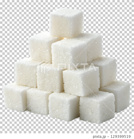 Perfect stack of white sugar cubes in pyramid shape, sweetener isolated on transparent background 129399519