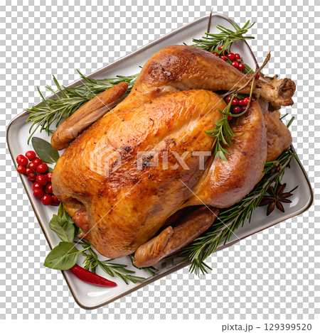 Golden roasted thanksgiving turkey on platter, holiday feast centerpiece isolated on transparent background 129399520