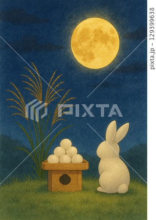 十五夜と月を見上げるうさぎの背景イラスト 十五夜と月を見上げるうさぎの背景イラスト 129399638