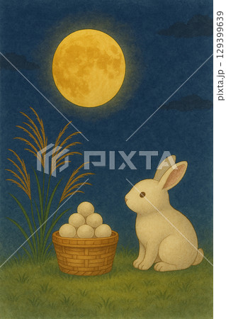 月見団子とうさぎの背景イラスト(籠入り団子) 月見団子とうさぎの背景イラスト(籠入り団子) 129399639