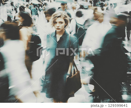 都市の孤独を表現した群衆の中で立ち止まる若い女性のポートレート。社会問題 129399641