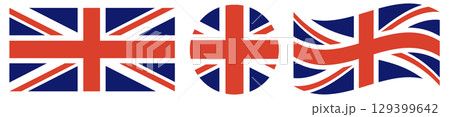 United Kingdom flag collection. Flag of UK in circle, shape isolated. Waving flag of England. United Kingdom flag collection. Flag of UK in circle, shape isolated. Waving flag of England. 129399642