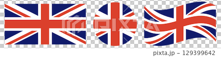 United Kingdom flag collection. Flag of UK in circle, shape isolated. Waving flag of England.  129399642