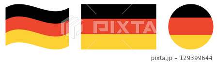 Collection of German flags isolated. Round flag of Germany isolated in circle shape. Waving flag of Germany. Collection of German flags isolated. Round flag of Germany isolated in circle shape. Waving flag of Germany. 129399644