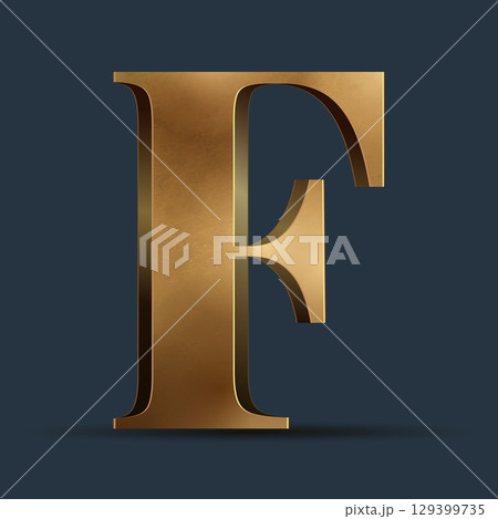Luxury golden 3D element on dark blue. Elegant letter for decorative font design. Premium 3D metallic alphabet for birthday, competition result, calendars, postcards or any advertising 129399735