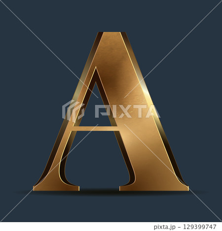 Luxury golden 3D symbol on dark blue. Elegant letter for decorative font design. Premium 3D metallic alphabet for birthday, competition result, calendars, postcards or any advertising 129399747