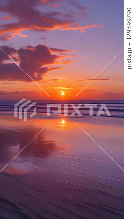 背景素材_夕日の沈む砂浜 129399790