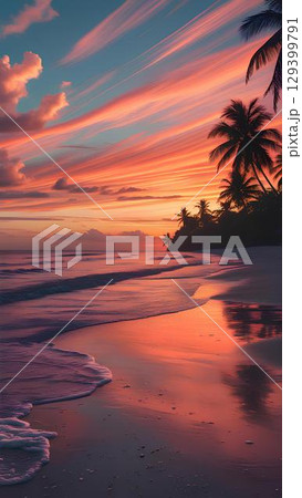 背景素材_夕日の沈む砂浜 129399791