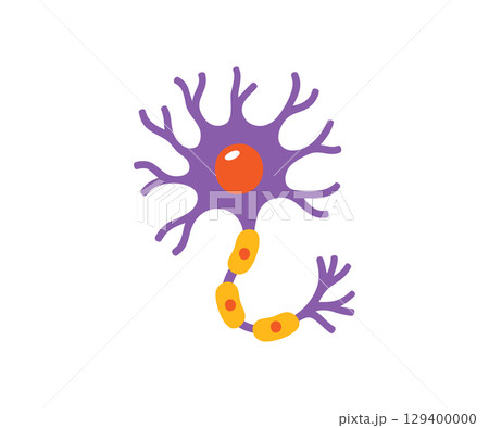Bright neuron in purple and orange, showing nerve cell structure with axon and dendrites for educational use 129400000