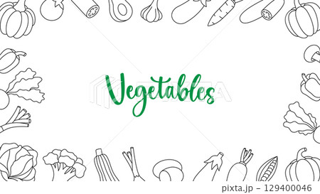 Vegetables horizontal outline banner. Fresh raw vegetables. Organic foods design template for food market, ecommerce, products promotion. 129400046