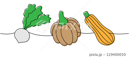 Fresh turnip, autumn pumpkin, zucchini one line colored continuous drawing. Fresh organic vegetables. Vector illustration 129400050