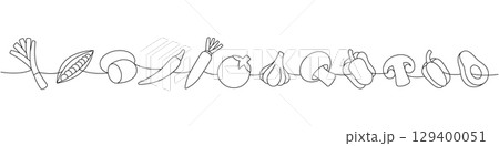 Fresh organic vegetables. Potato, chili pepper, carrot, tomato, spring onions, garlic bulb, mushroom, bell pepper, avocado one line continuous drawing 129400051