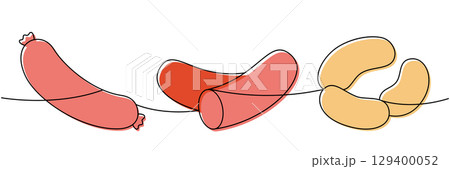 Grilled sausage, cheese sausages, thick sausages one line colored continuous drawing. Butcher shop meat. Vector illustration 129400052