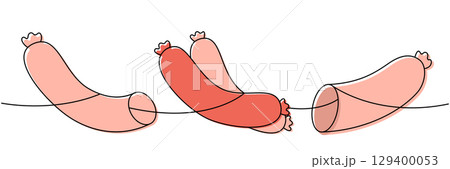 Frankfurters sausages, fresh pork sausages one line colored continuous drawing. Butcher shop meat. Vector illustration 129400053