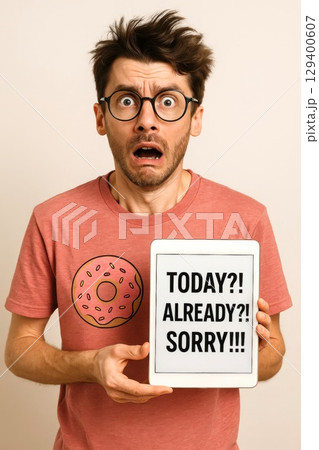 Apologetic man in pink donut t-shirt holding a tablet with a message Today Already Sorry. Funny and relatable concept of forgetting a birthday or special date 129400607