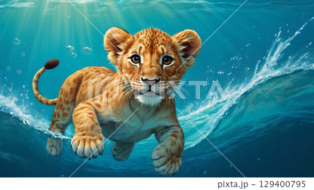 A Playful Lion Cub Joyfully Swimming in Clear and Sparkling Water with Excitement 129400795