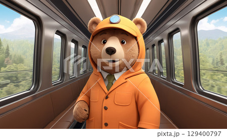 A Charming Bear Happily Enjoys a Scenic Train Ride Through Beautiful Mountains Around 129400797