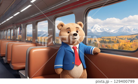 A Charming Bear Happily Enjoys a Scenic Train Ride Through Beautiful Mountains Around 129400799