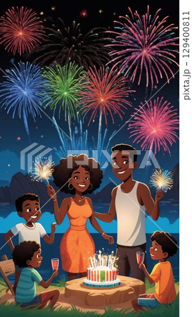 A special Family Celebration featuring vibrant Fireworks and delicious Cake at Night time 129400811