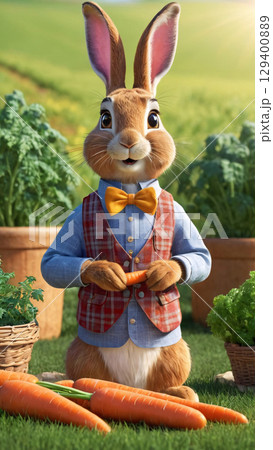 A cheerful rabbit joyfully holding fresh carrots in a beautiful garden filled with greenery 129400889