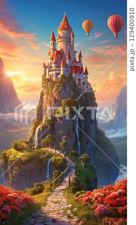 An Enchanting Castle Resting Majestically on a Hilltop Surrounded by Colorful Airballoons at Sunset 129400910