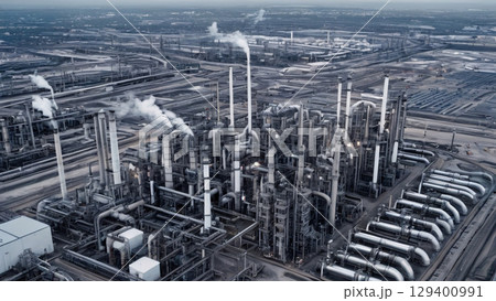 A vast industrial complex featuring numerous smoke stacks and extensive pipelines interconnect 129400991