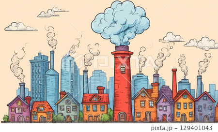 A Vibrant Cityscape Featuring Distinct Industrial Elements Alongside Colorful Homes and Buildings 129401043