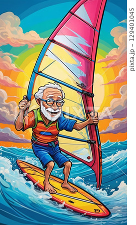An elderly man is windsurfing.  129401045