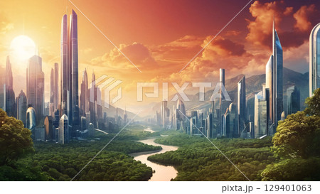 A stunning futuristic cityscape beautifully surrounded by lush green nature at sunset, A stunning futuristic cityscape beautifully surrounded by lush green nature at sunset, 129401063