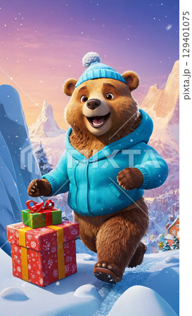 A Festive Bear joyfully presenting a Gift amidst a charming Winter Wonderland setting 129401075