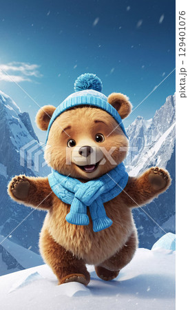 A Festive Bear joyfully presenting a Gift amidst a charming Winter Wonderland setting A Festive Bear joyfully presenting a Gift amidst a charming Winter Wonderland setting 129401076