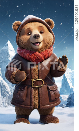 A Festive Bear joyfully presenting a Gift amidst a charming Winter Wonderland setting 129401085